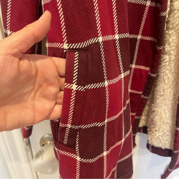 LL Bean Jacket Womens MP Red Plaid Sherpa Lined Open Pocket Collared Heavyweight - Picture 4 of 7